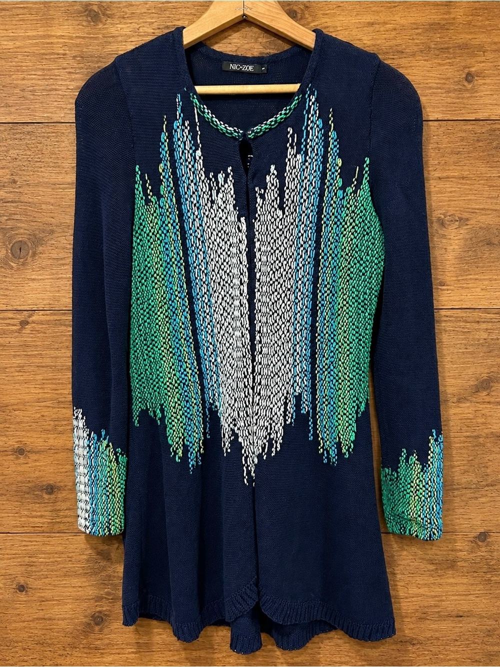 NIC+ZOE Embroidered Linen Cotton Navy Blue Cardigan Boho Cozy Artisan Size S